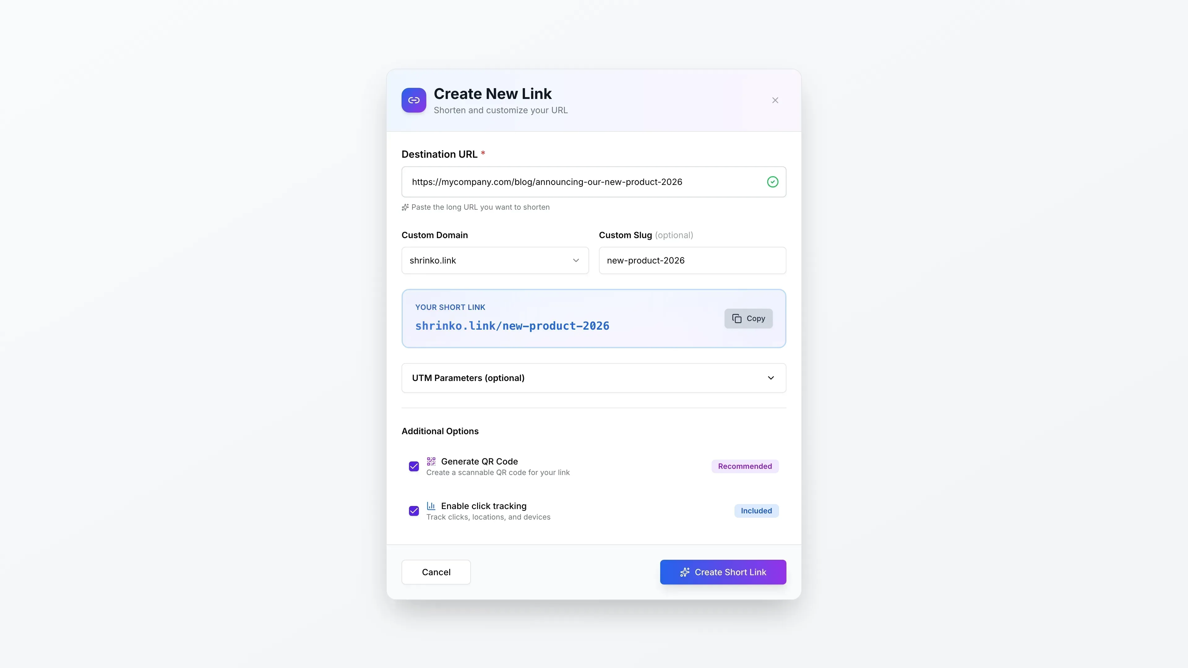 Customize your short link with custom slug and UTM parameters